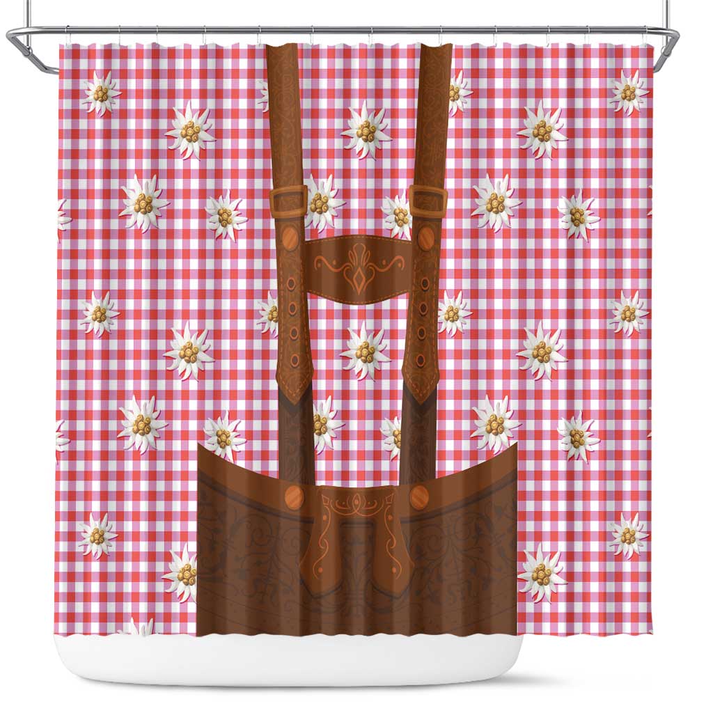 Traditional German Costume - Lederhosen Shower Curtain Red Plaid Pattern with Edelweiss Flowers - Wonder Print Shop