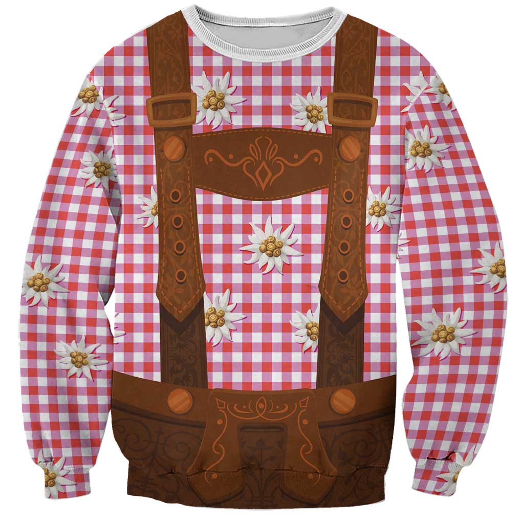 German costume sweatshirt: red plaid with brown lederhosen bib and flower decals