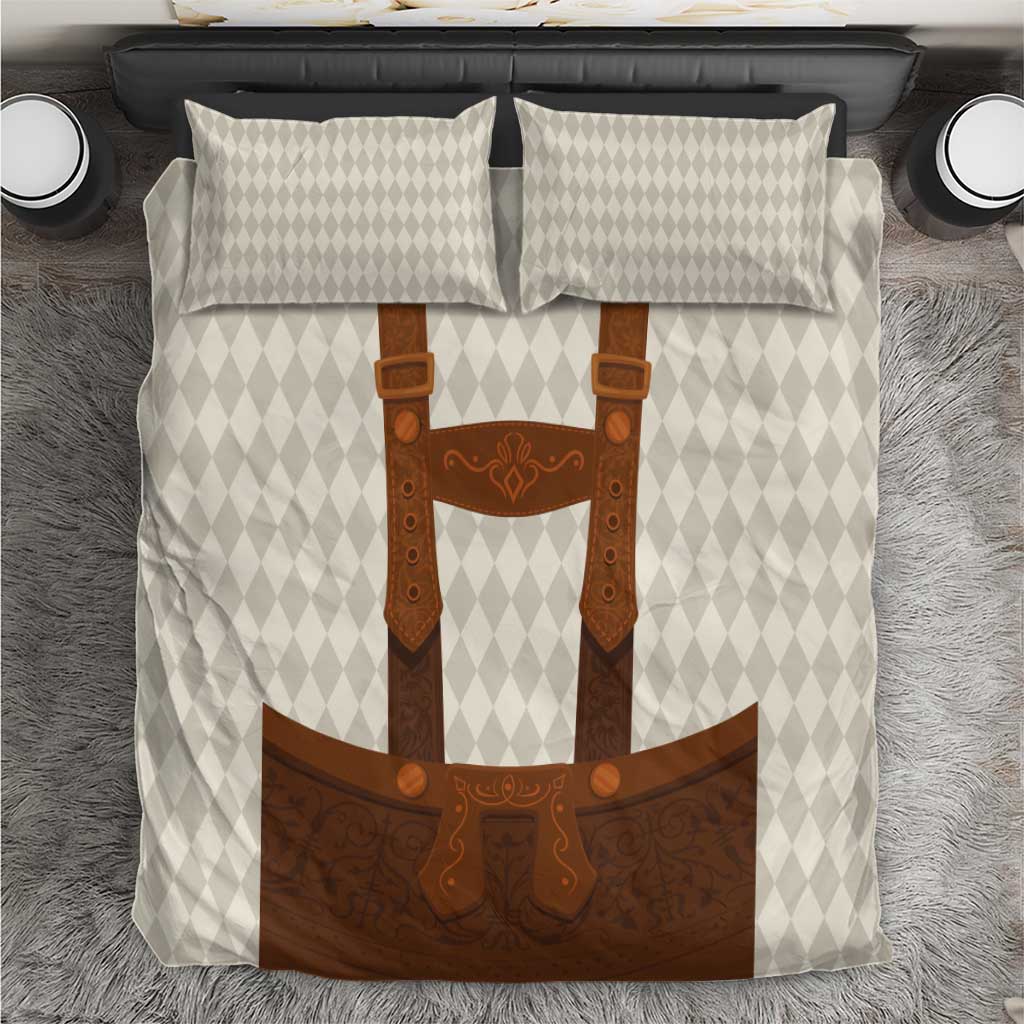 Beige diamond-pattern bedding set with brown lederhosen-themed duvet and pillowcases