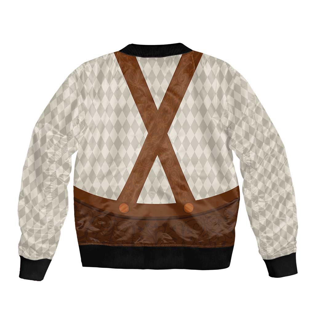 Bomber jacket with diamond-pattern body, brown X-cross straps, black ribbed hem and cuffs