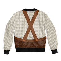 Bomber jacket with diamond-pattern body, brown X-cross straps, black ribbed hem and cuffs