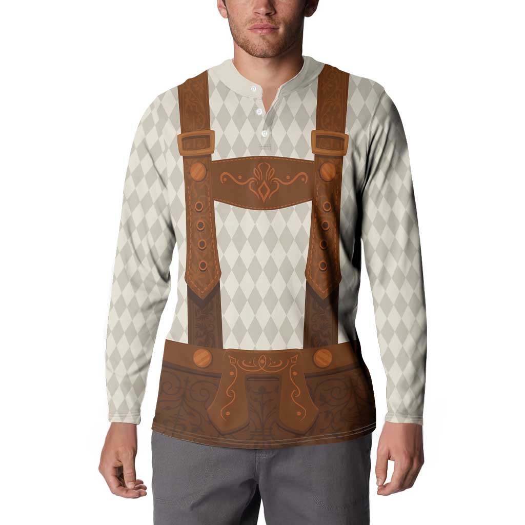 Traditional German costume sweatshirt worn front with brown lederhosen bib, buttons, argyle sleeves