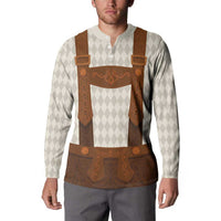 Traditional German costume sweatshirt worn front with brown lederhosen bib, buttons, argyle sleeves