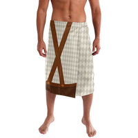 Beige Bavarian-style lederhosen shorts with diamond pattern and brown front straps