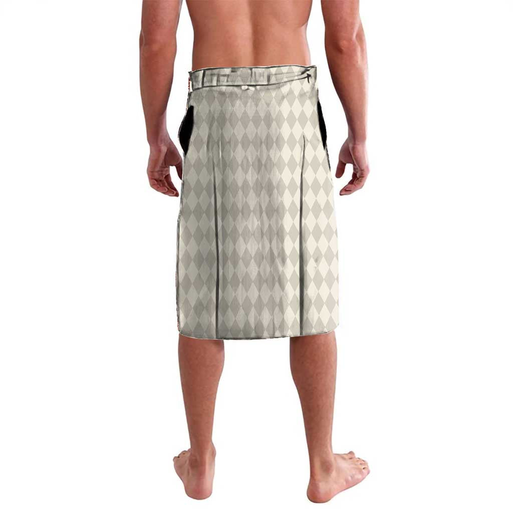 Beige diamond-pattern lederhosen shorts with dark waistband and back panel