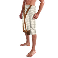 Beige diamond-pattern lederhosen with brown crisscross front panel, side view