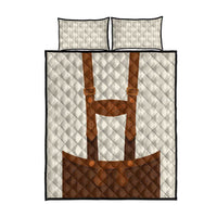 Beige quilt bed set with brown leather-look cross applique, diamond stitching, two pillows
