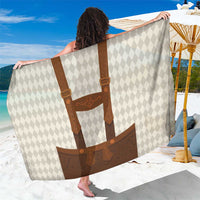 Beige diamond-pattern sarong with brown leather-style suspenders and pocket panel