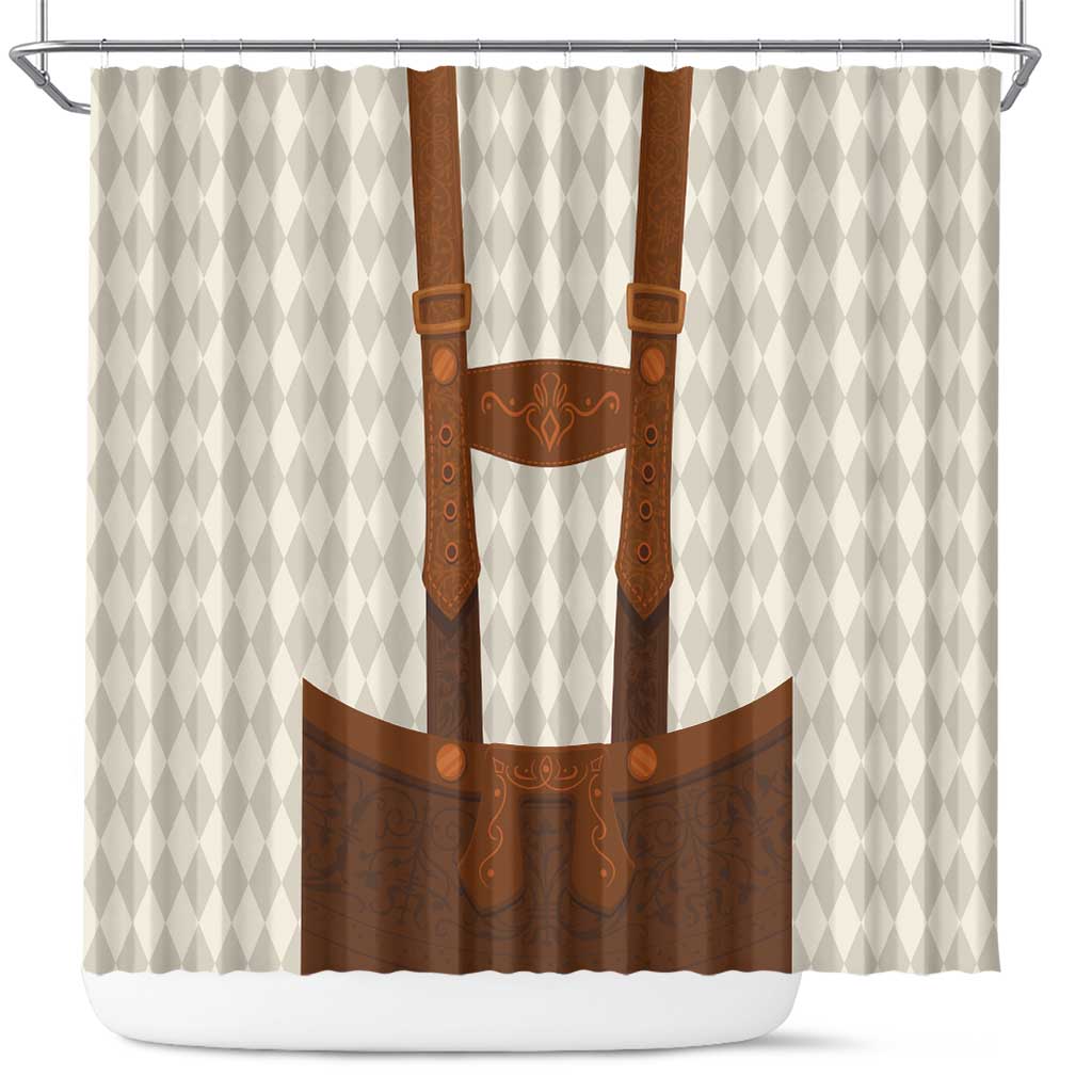 Shower curtain with cream diamond pattern and brown lederhosen apron graphic