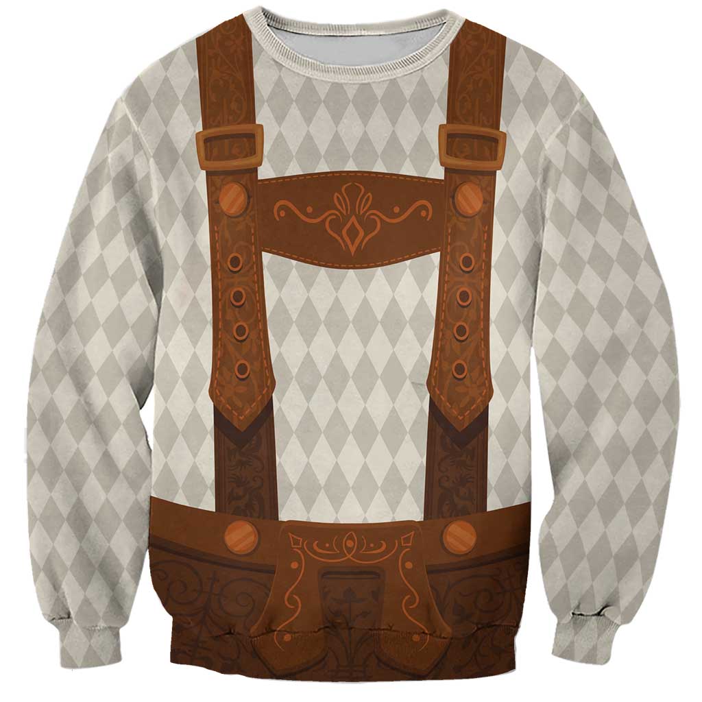 Beige argyle sweatshirt with brown lederhosen-style front bib and suspenders print