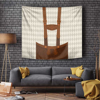 Beige wall tapestry with brown lederhosen motif, diamond pattern trim and suspenders