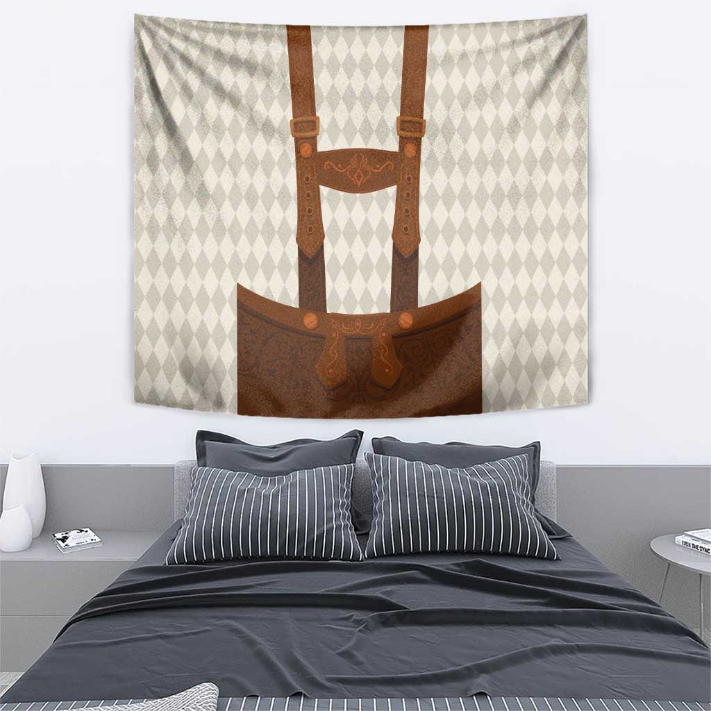Beige tapestry featuring a brown lederhosen design with diamond background pattern