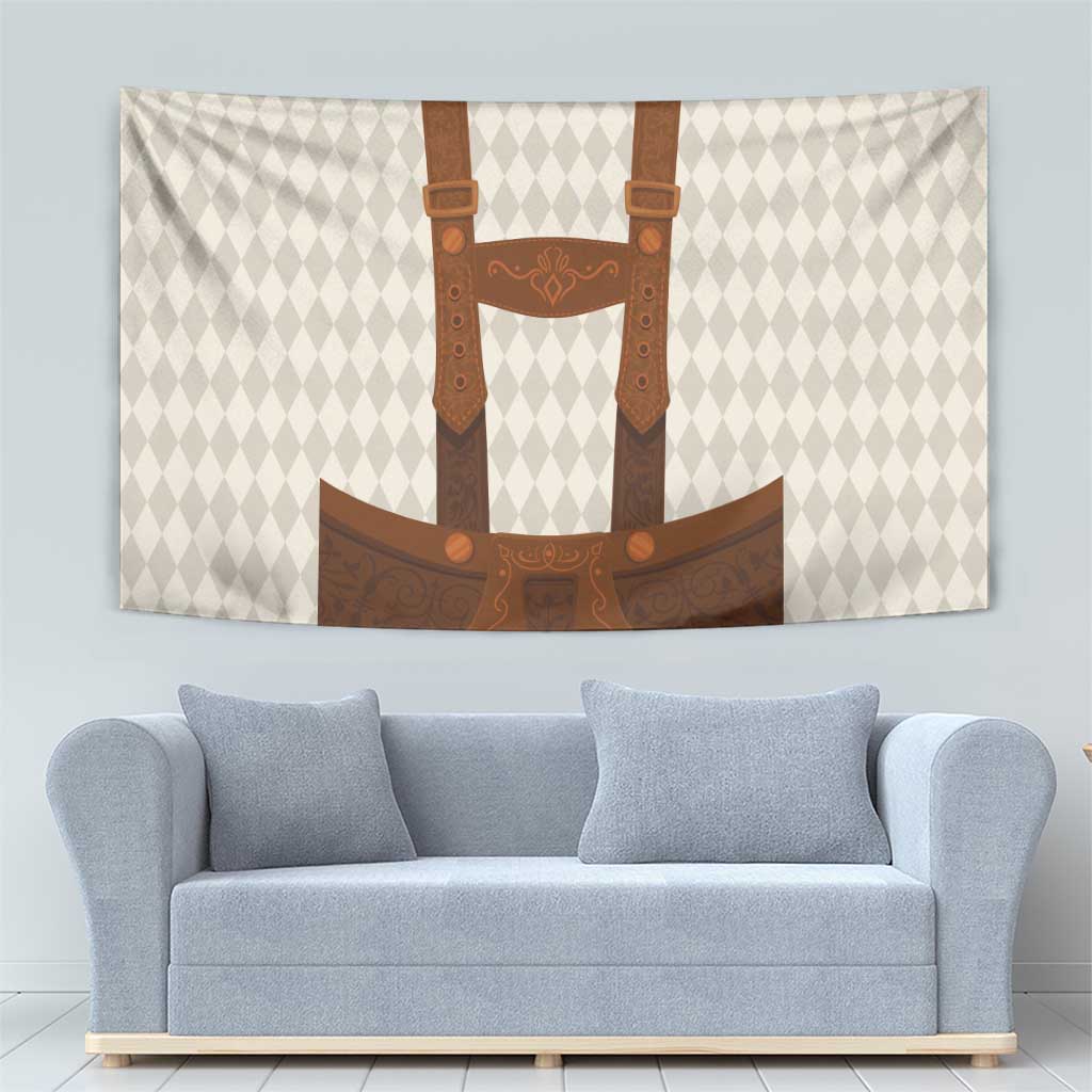 Beige wall tapestry with centered brown lederhosen suspenders and apron graphic