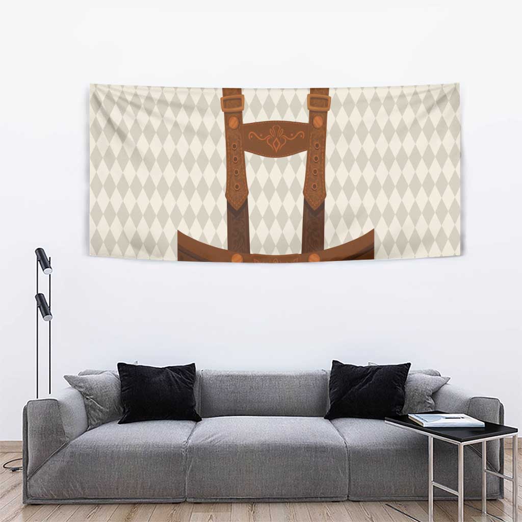 Beige tapestry with brown lederhosen artwork over a repeating diamond pattern