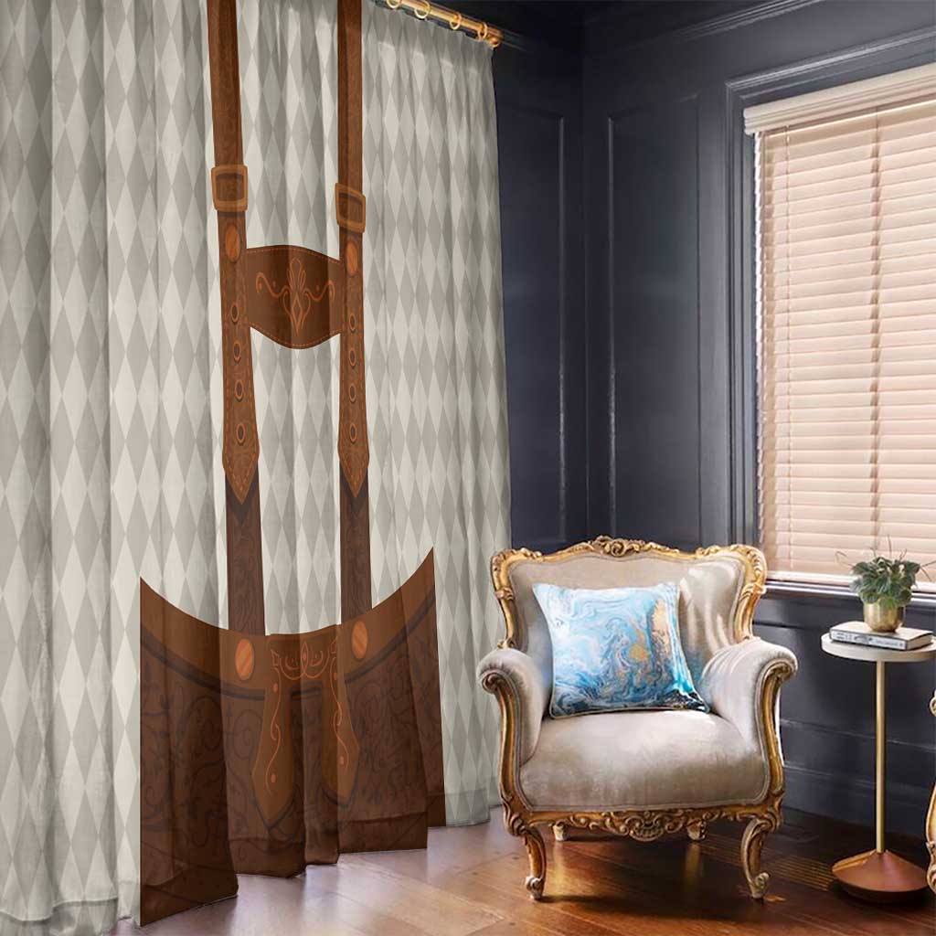 Beige diamond-pattern window curtain with tall brown lederhosen graphic panel
