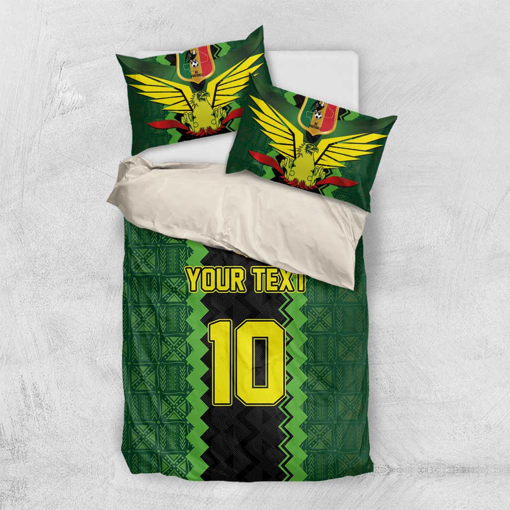 Green football bedding set with duvet and two pillows showing 'YOUR TEXT' and number 10