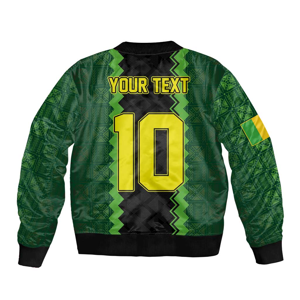 Green football bomber jacket back with yellow number 10 and 'YOUR TEXT', black trim