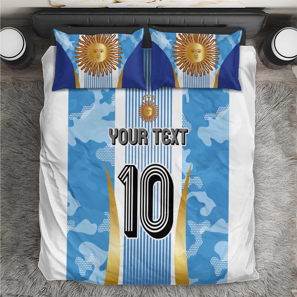 Blue Argentina football bedding set with sun emblem, number 10 and 'YOUR TEXT' pillows