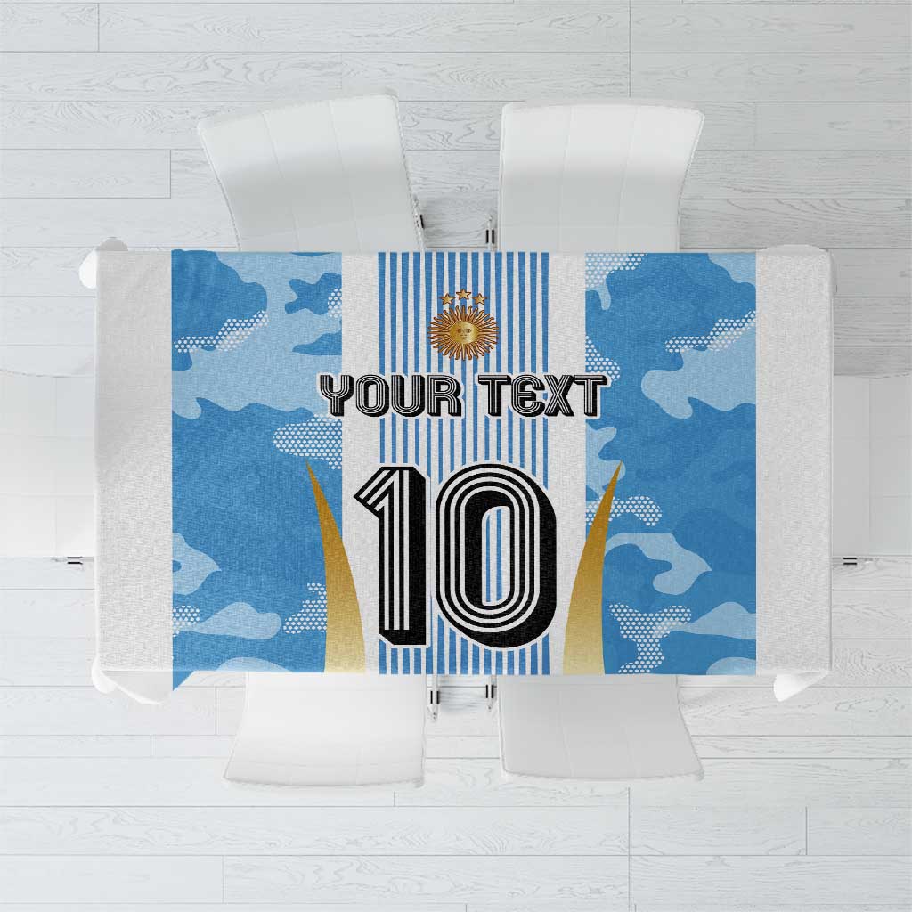 Custom football tablecloth with blue world-map print and central "10" graphic