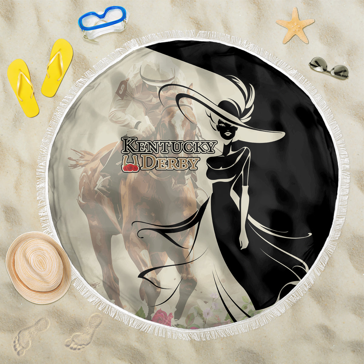 Beige round beach blanket with fringe, Kentucky Derby graphic and horse silhouette