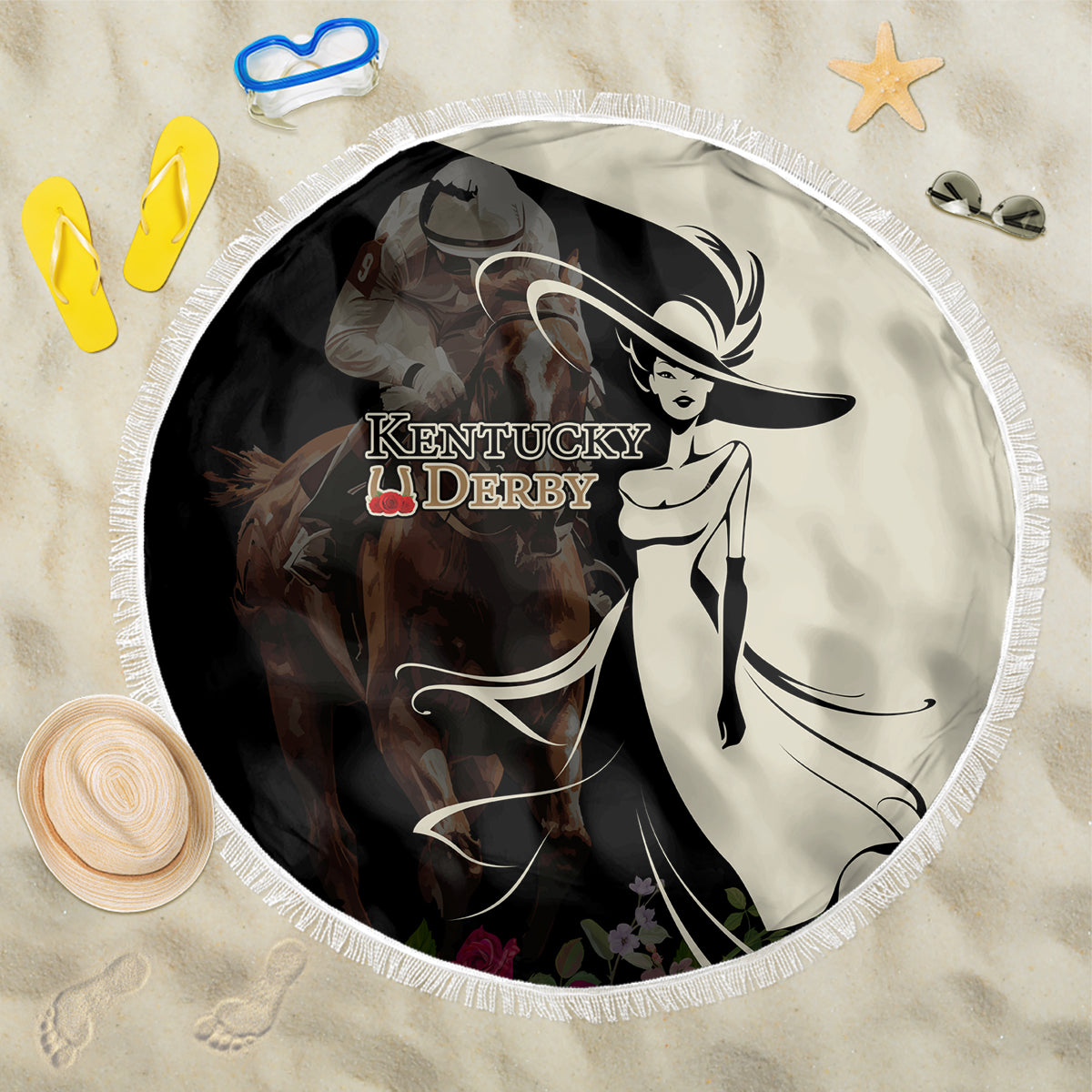 Round beach blanket with Kentucky Derby horse-rider graphic and white fringe edge