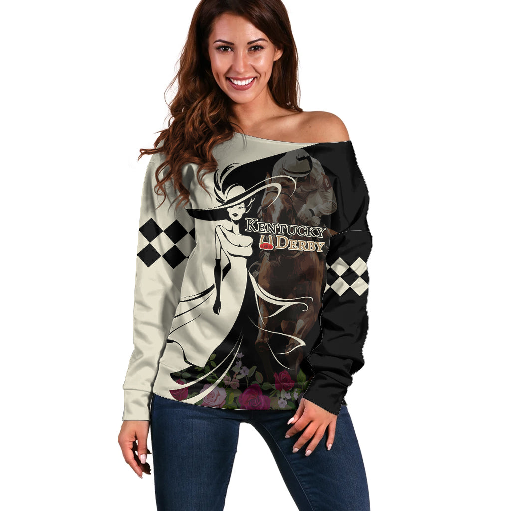 Kentucky Racing Horses Derby Hat Girl Off Shoulder Sweater Black Color - Wonder Print Shop