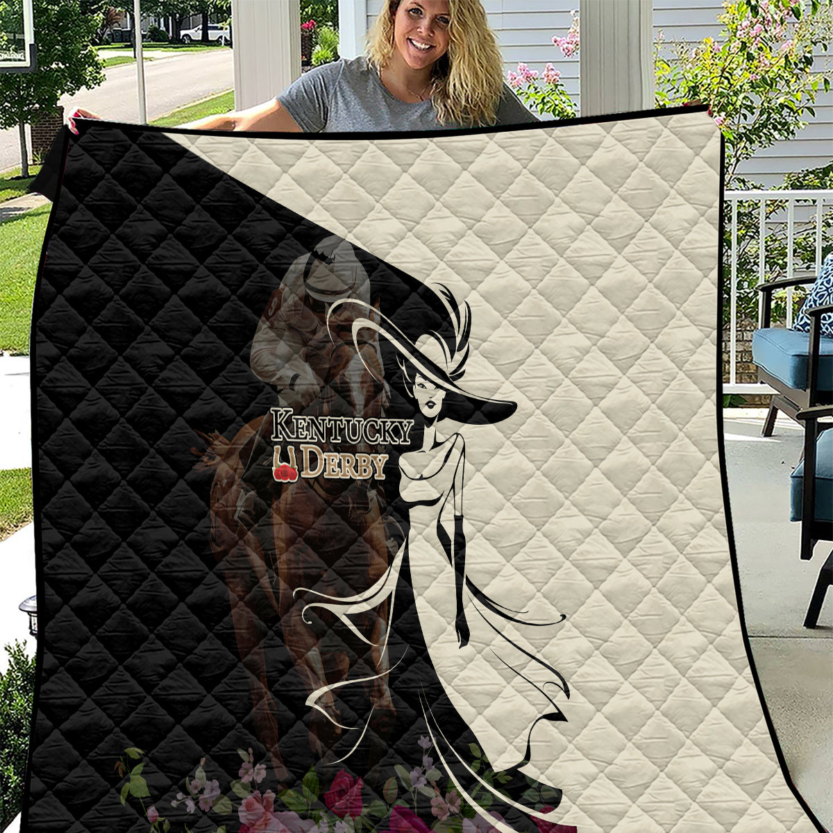 Black and white quilt with Kentucky Derby horse-girl silhouette, diamond stitch pattern
