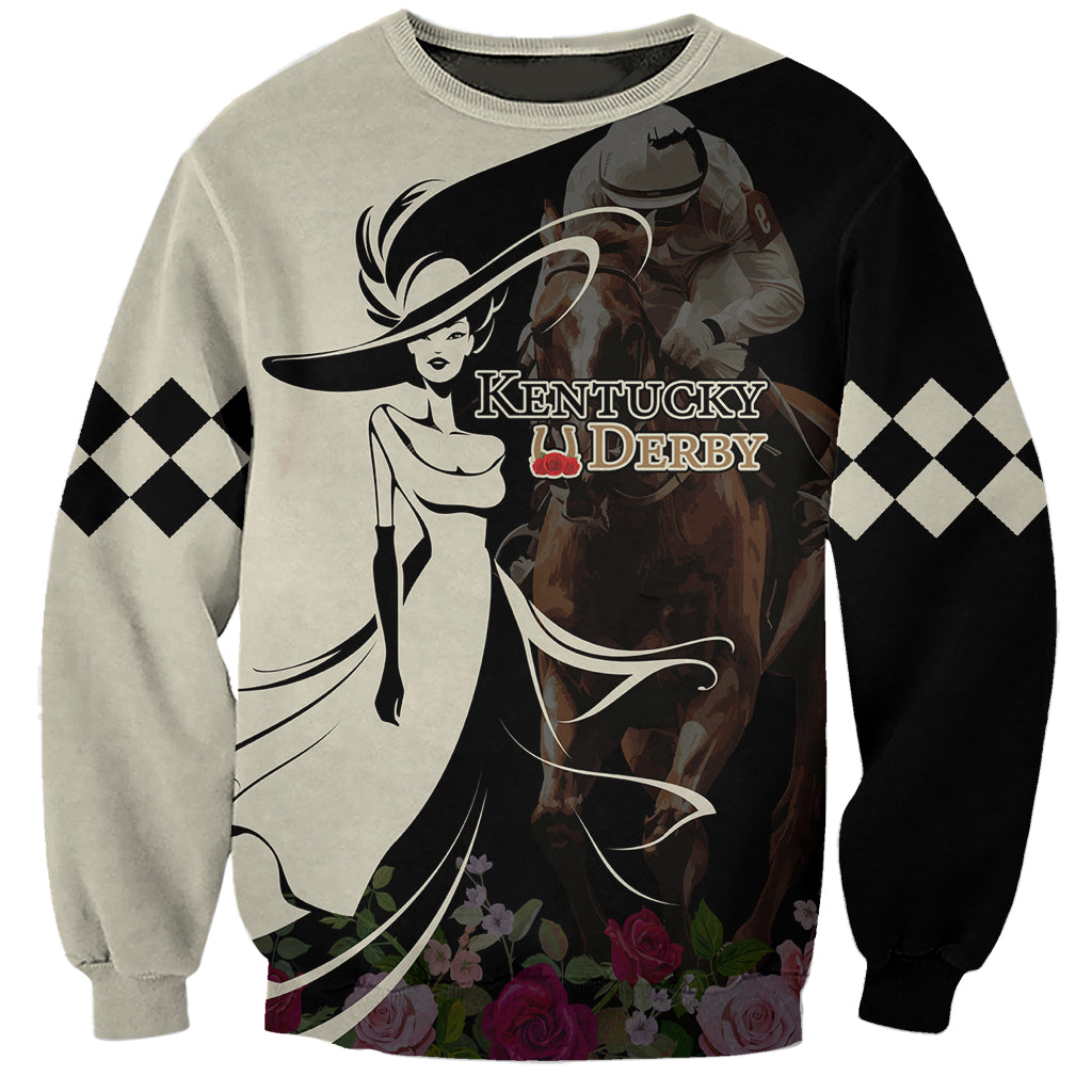 Two-tone crewneck sweatshirt with Kentucky Derby graphic, roses, checker sleeves