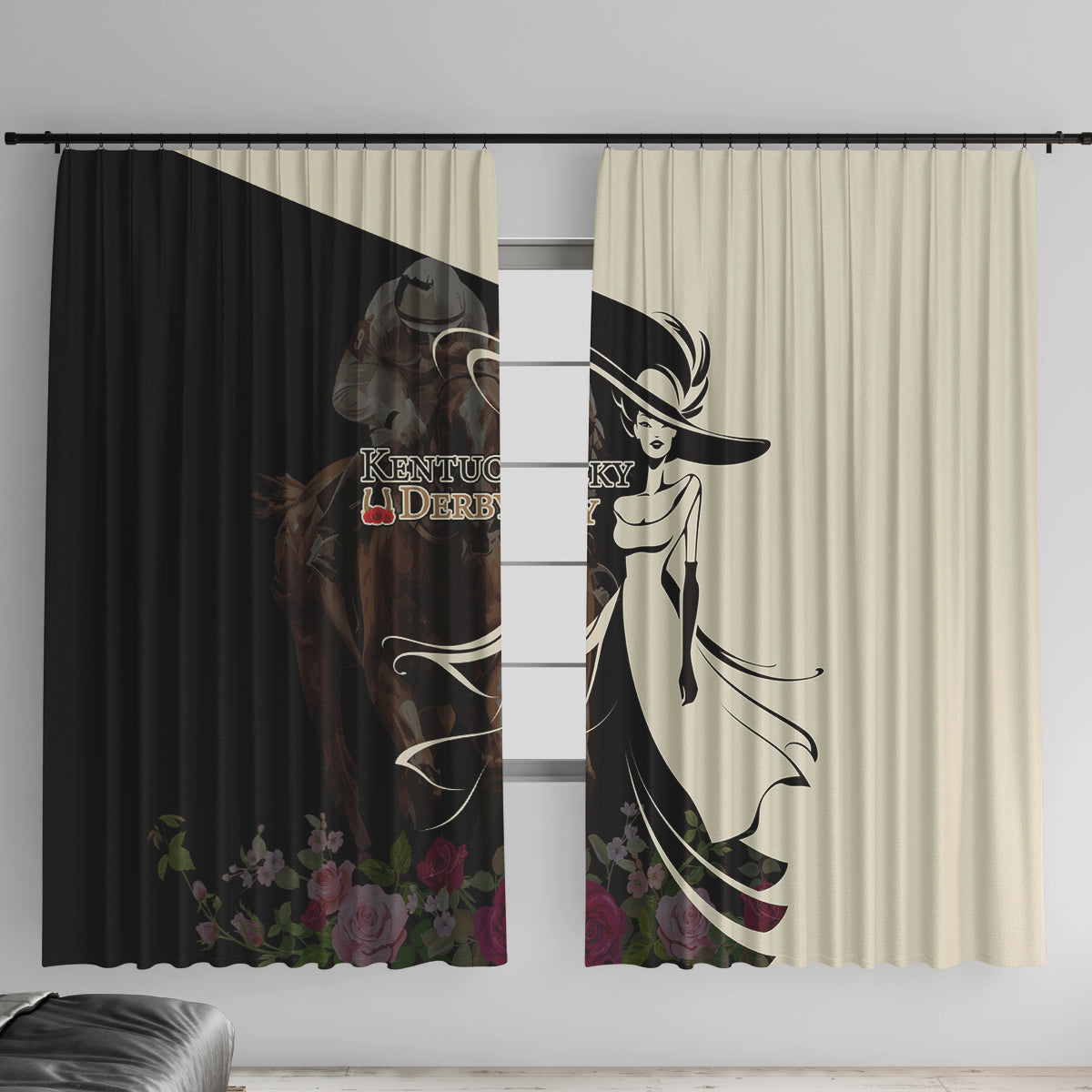 Black and cream window curtain panels with Kentucky Derby girl graphic and floral hem