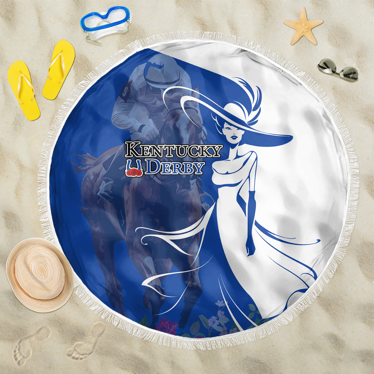 Blue and white round beach blanket with fringe, Kentucky Derby girl graphic