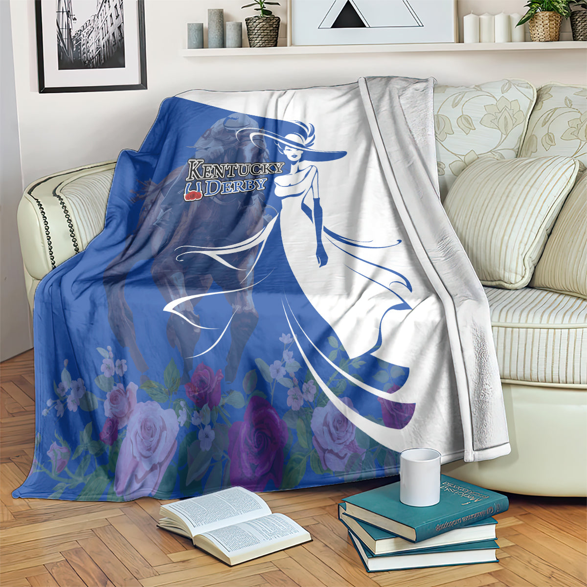 Kentucky Racing Horses Derby Hat Girl Blanket Blue Color