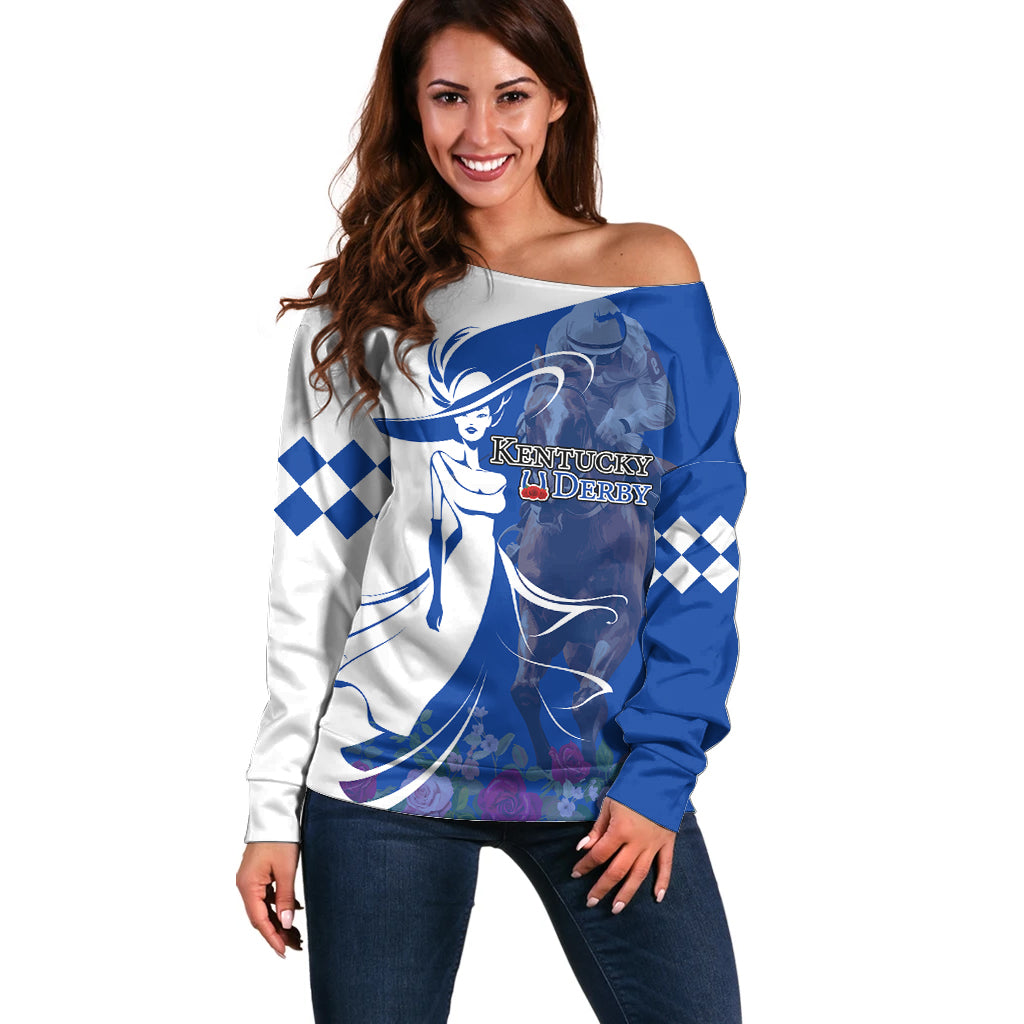 Kentucky Racing Horses Derby Hat Girl Off Shoulder Sweater Blue Color - Wonder Print Shop