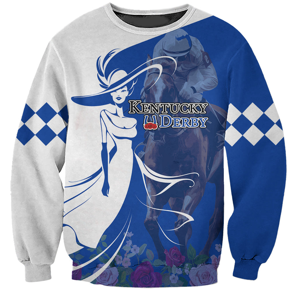 Unisex crewneck sweatshirt with blue-and-gray Kentucky Derby girl graphic, long sleeves