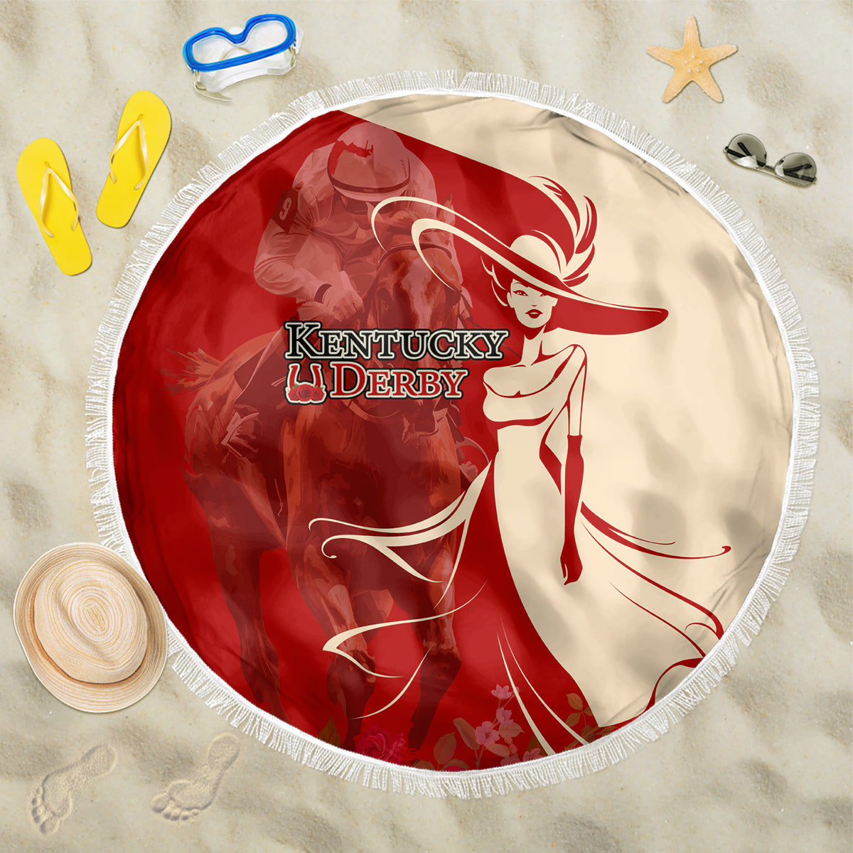 Red and cream round beach blanket with fringed edge, Kentucky Derby girl graphic