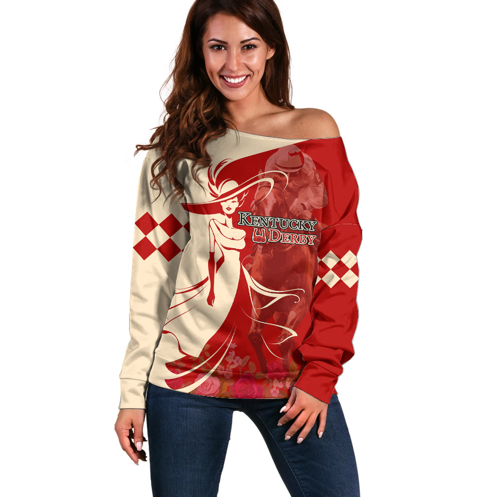 Kentucky Racing Horses Derby Hat Girl Off Shoulder Sweater Red Color - Wonder Print Shop