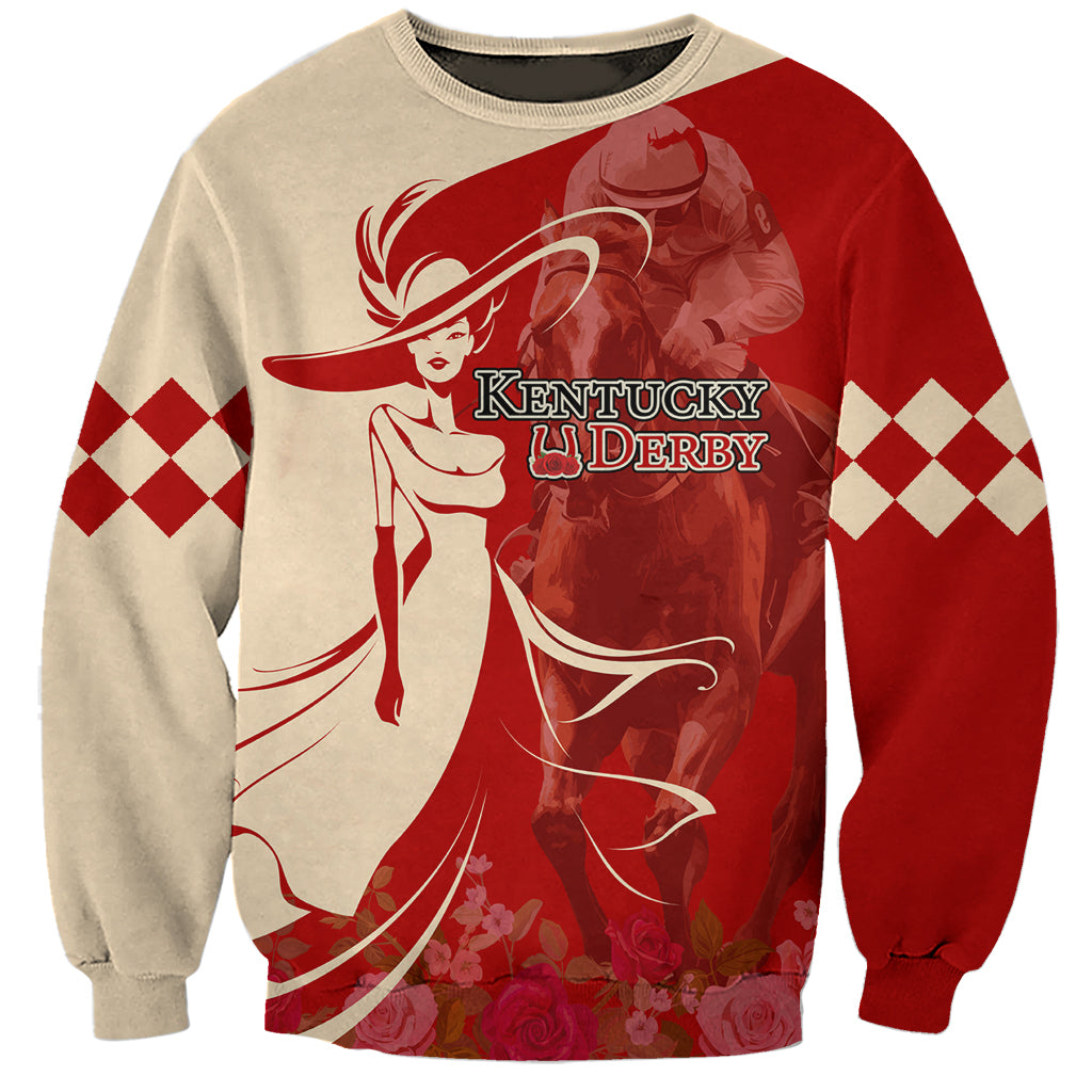 Red and cream unisex sweatshirt with Kentucky Derby girl graphic and checkered sleeves