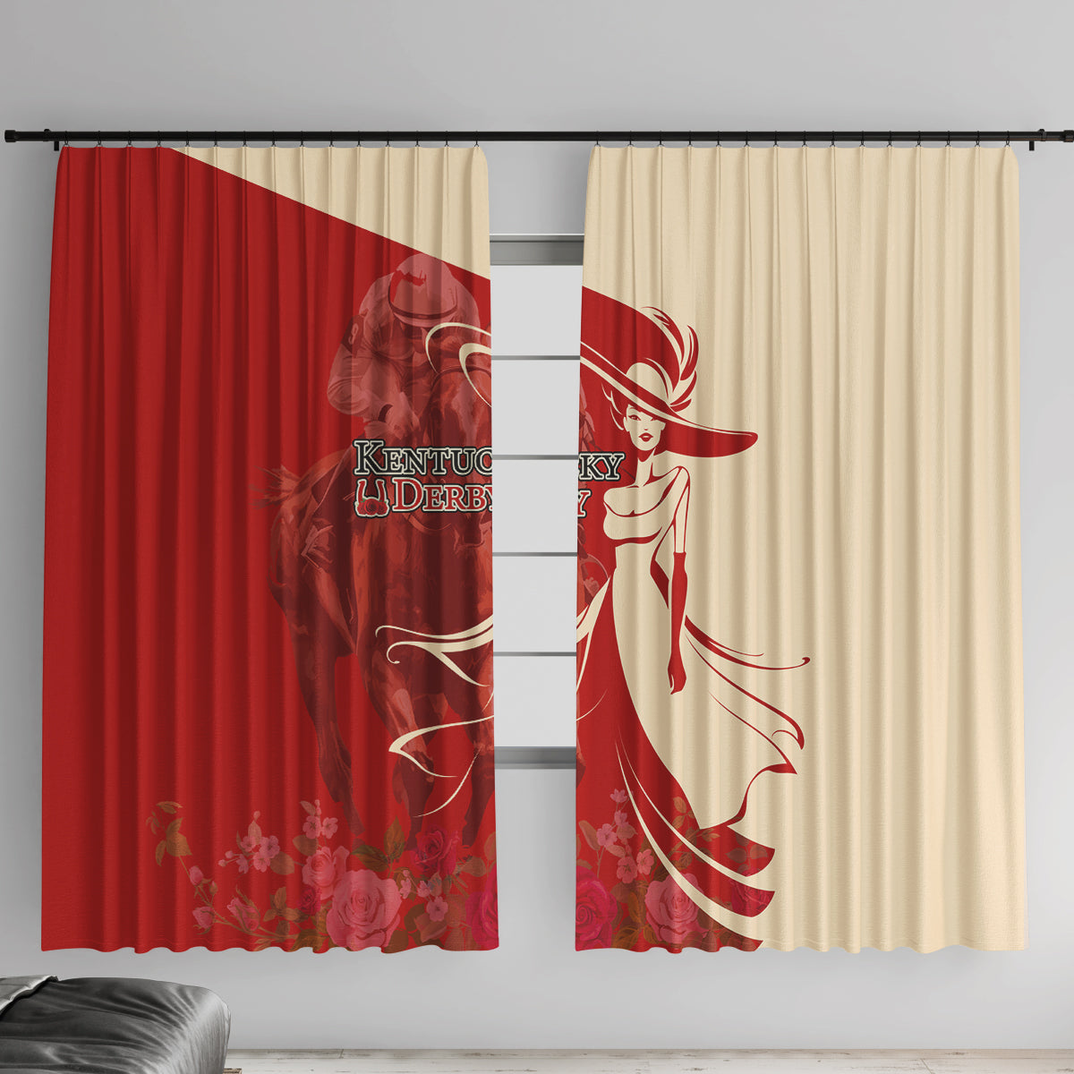 Red and cream derby-themed window curtains with horse-and-girl graphic, two-panel set
