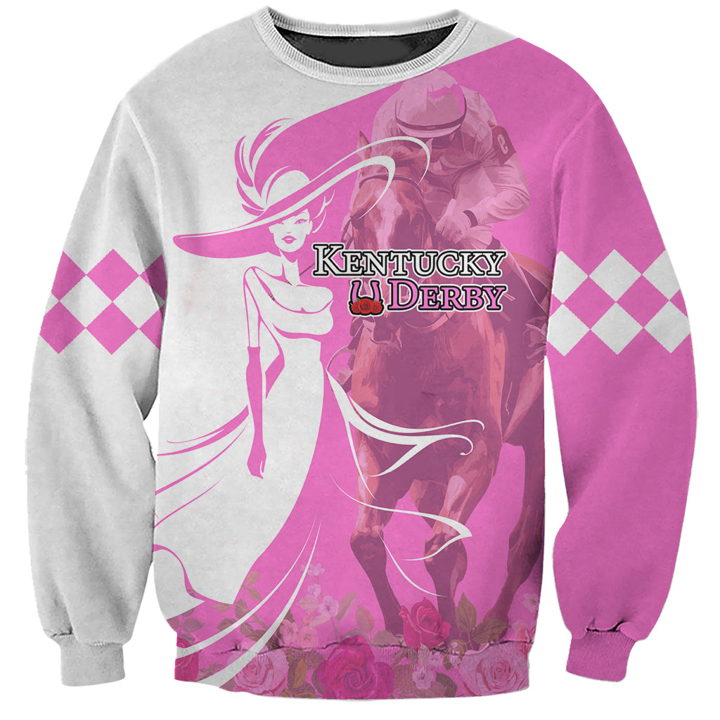 Pink and gray unisex sweatshirt with Kentucky Derby girl and horse graphic