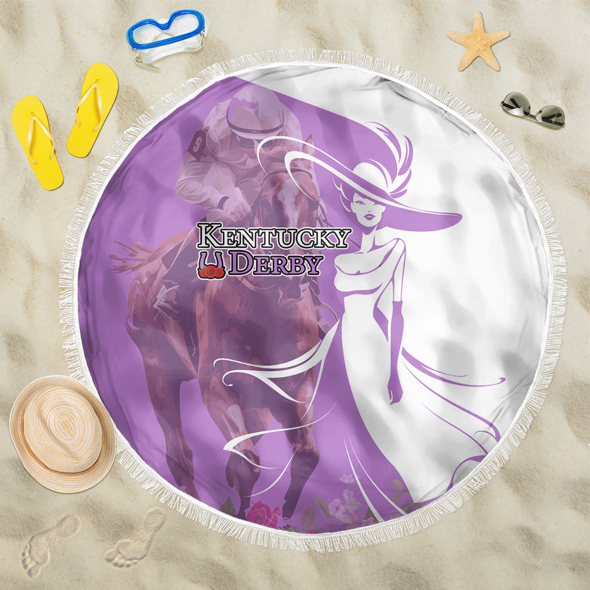 Purple round beach blanket with fringe, Kentucky Derby horse and rider graphic.