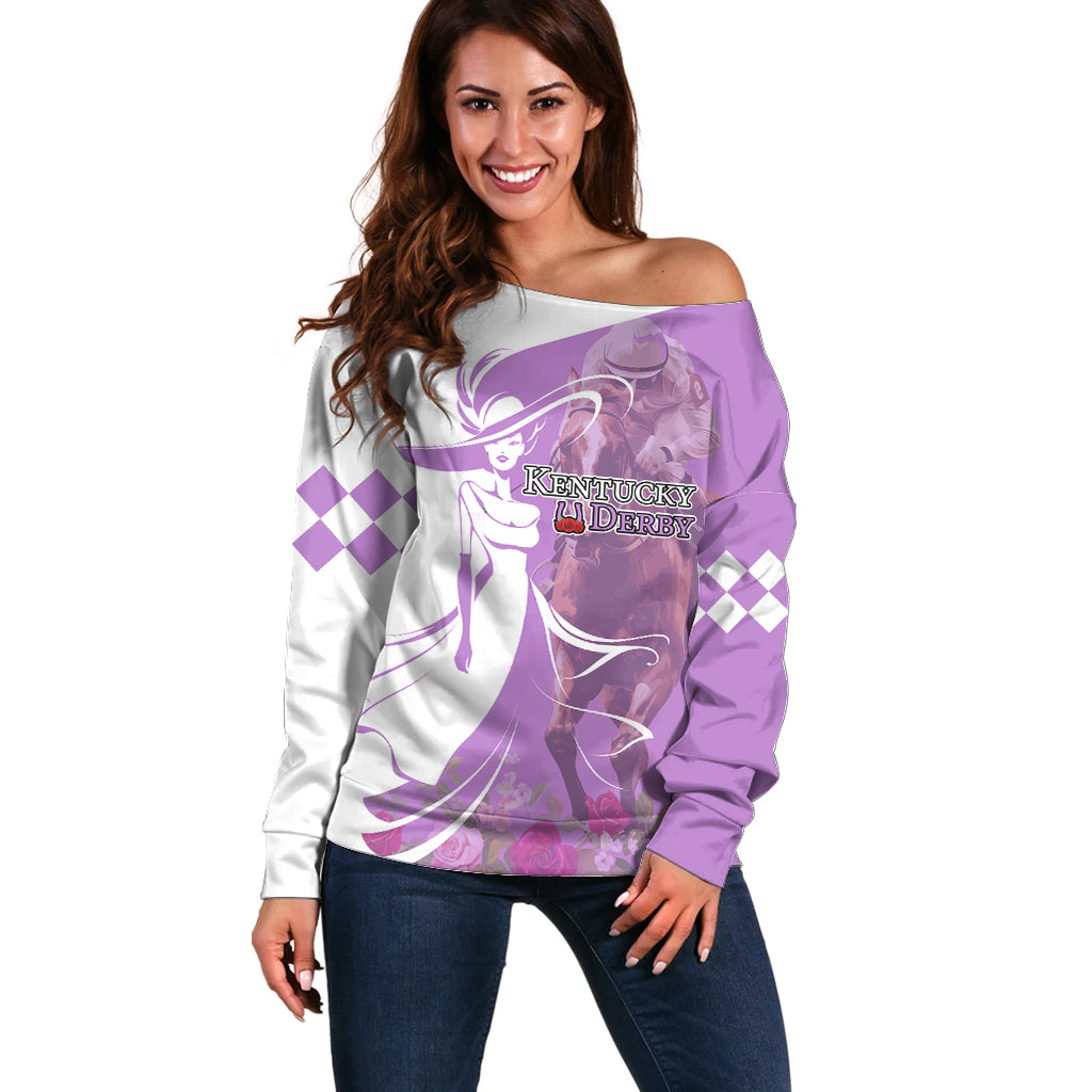 Kentucky Racing Horses Derby Hat Girl Off Shoulder Sweater Purple Color - Wonder Print Shop