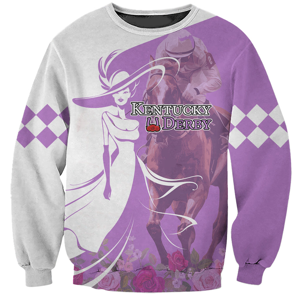 Unisex purple and gray crewneck sweatshirt with large Kentucky Derby graphic front