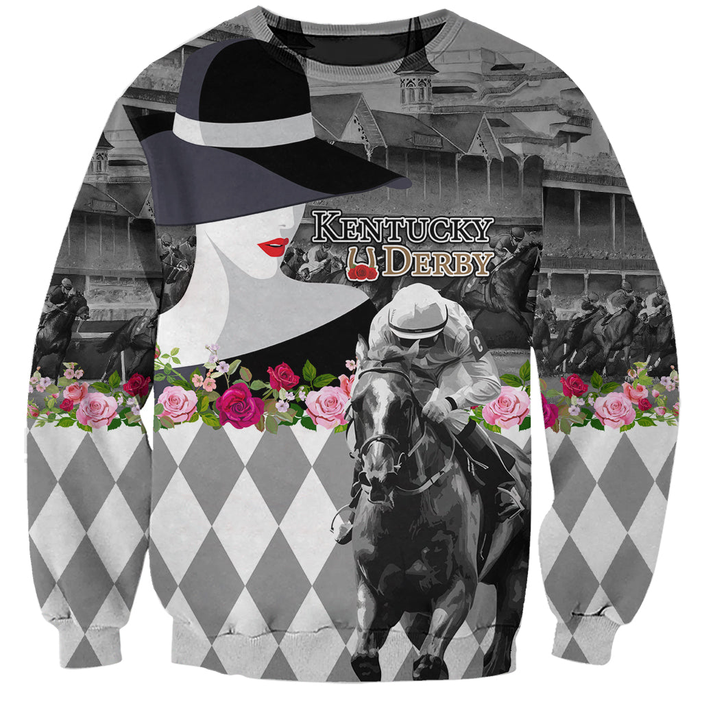 Unisex black/gray sweatshirt with Kentucky Derby portrait, roses, and argyle pattern