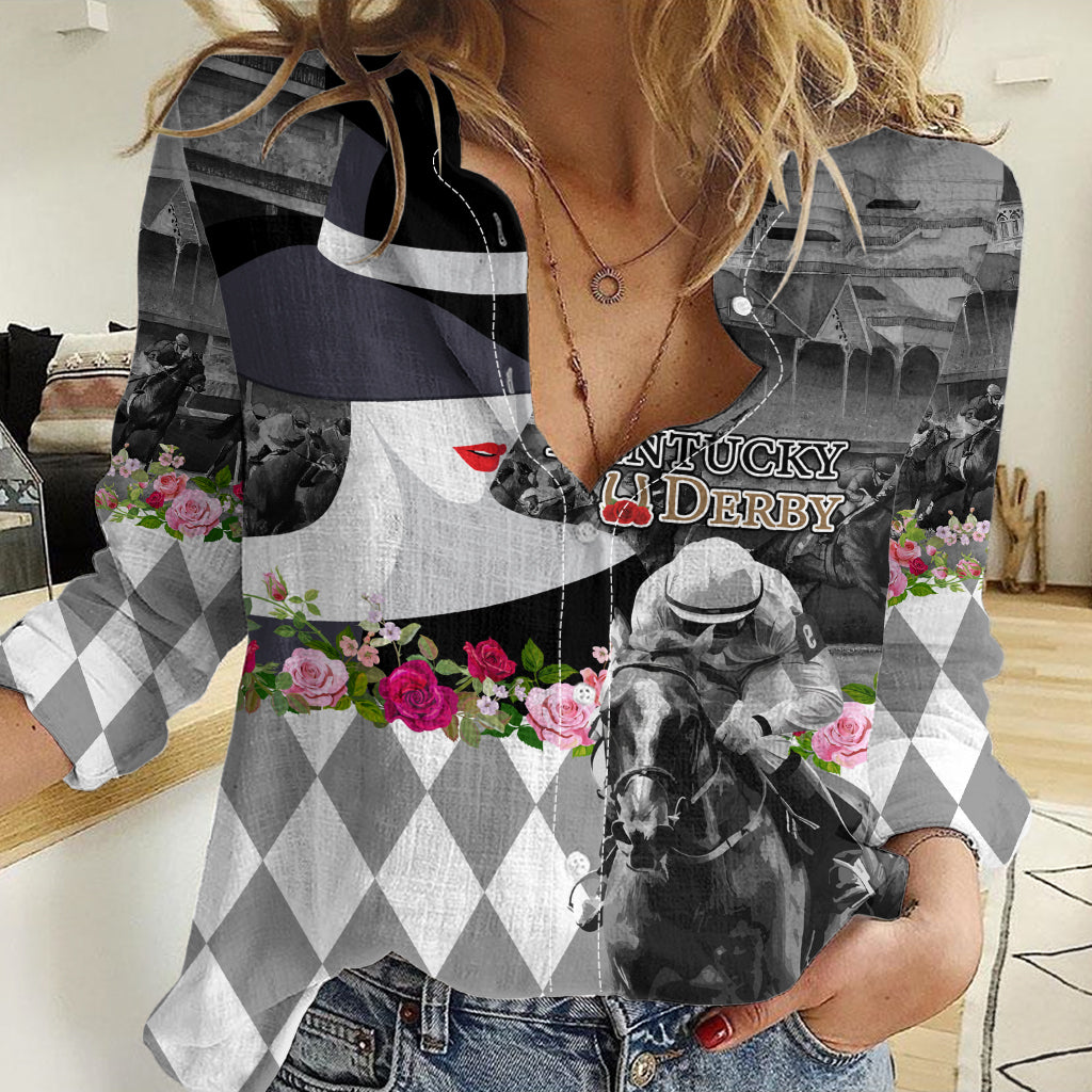 Kentucky Racing Horses Derby Hat Lady Women Casual Shirt Churchill Downs and Roses Grayscale - Wonder Print Shop