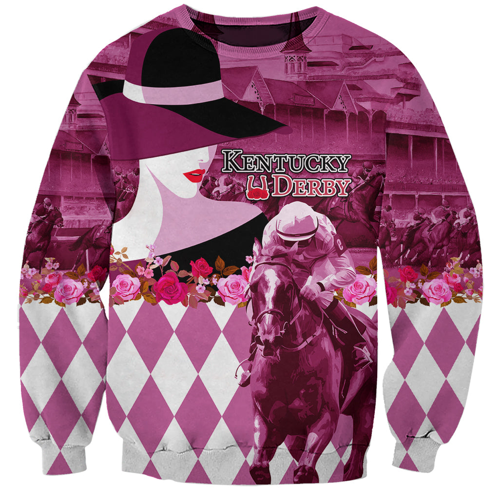 Pink sweatshirt with Kentucky Derby graphic of jockey, lady face, roses, argyle sleeves