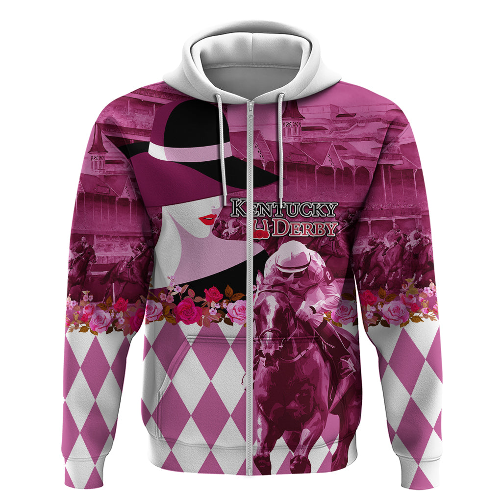 Kentucky Racing Horses Derby Hat Lady Zip Hoodie Churchill Downs and Roses Pink Out - Wonder Print Shop