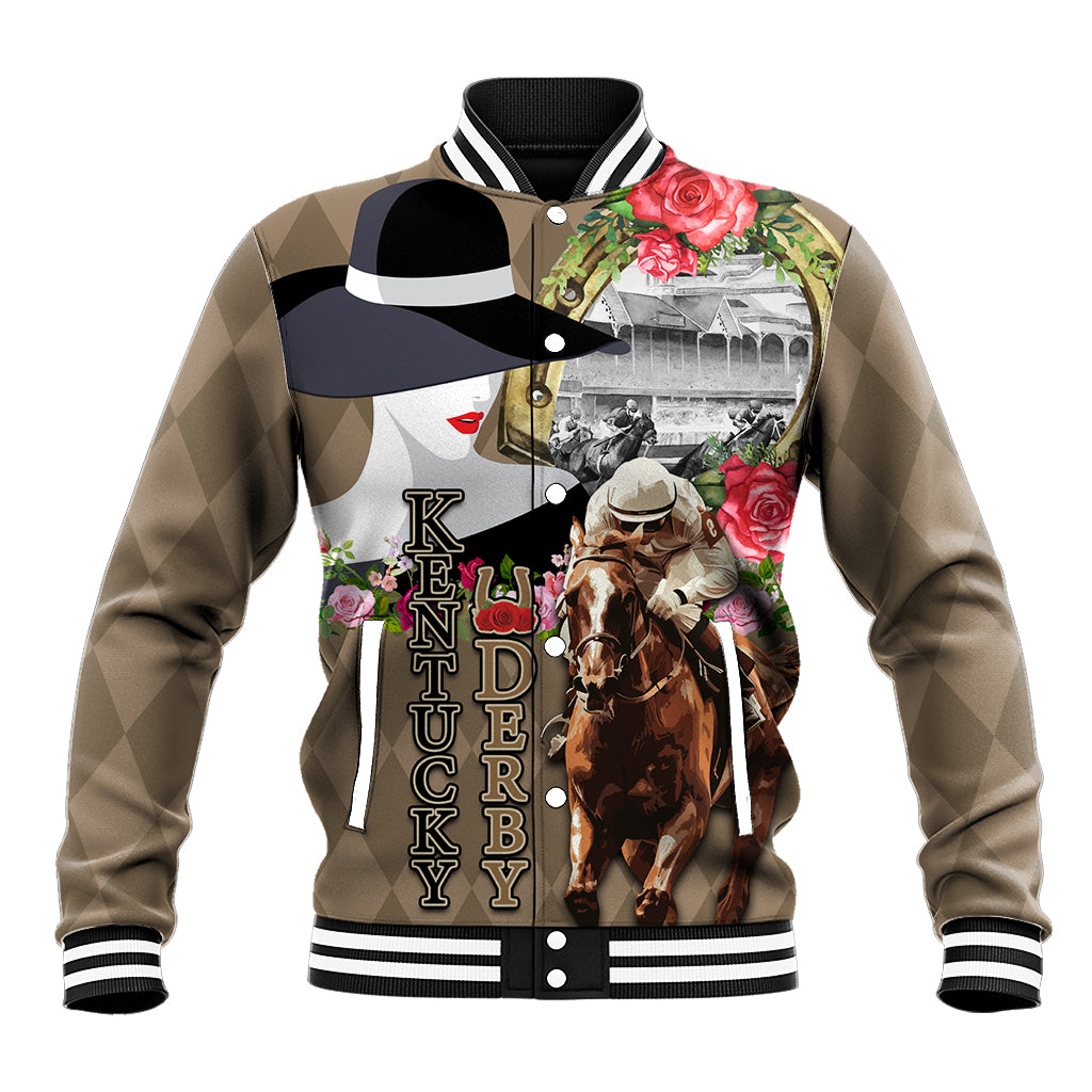 Beige baseball varsity jacket with horse, roses, and black-and-white striped collar cuffs