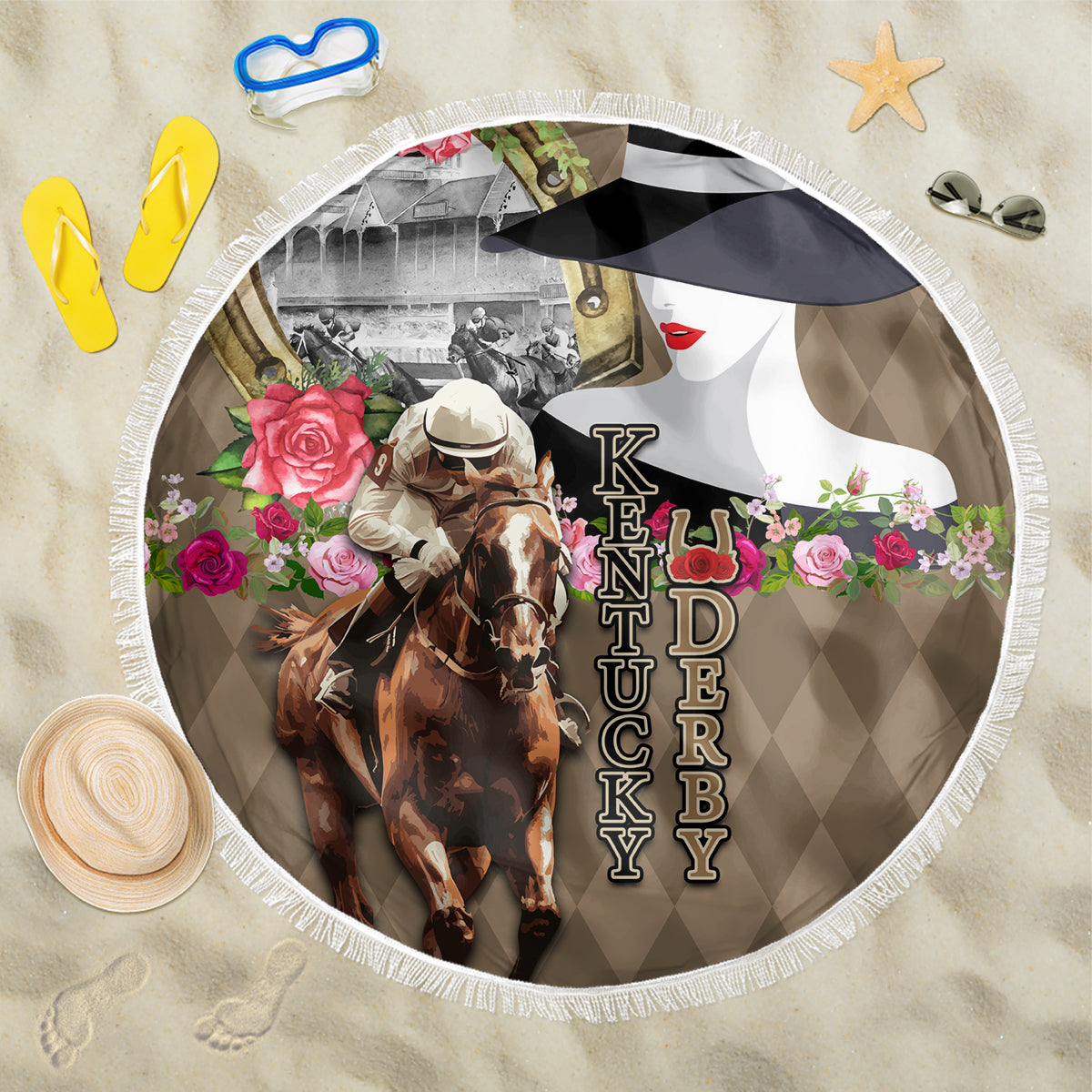 Round beach blanket with horse rider, pink roses, and KENDUE monogram, white fringe