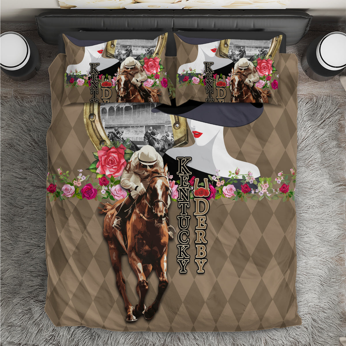 Beige bedding set with horse rider, roses, black hat, and vertical letter text on duvet