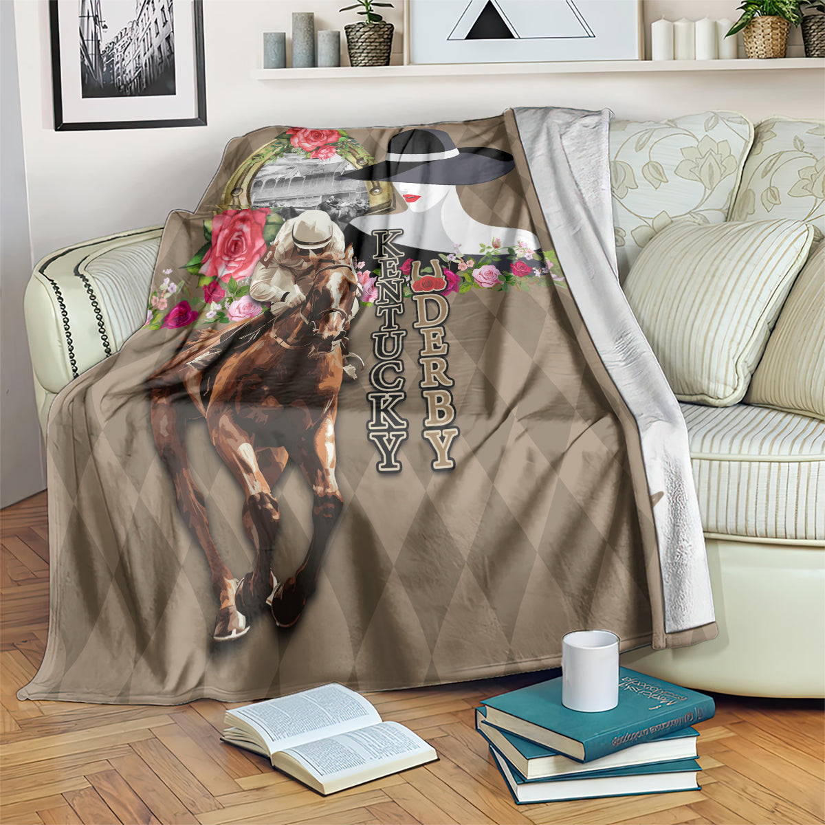 Beige horse and derby-themed blanket with roses, hat woman, and vertical letter print