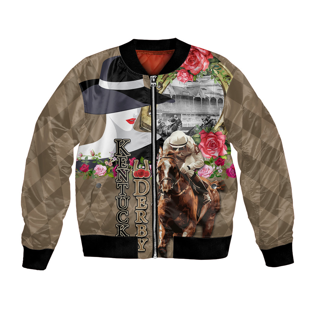 Beige bomber jacket with black ribbed cuffs, full-zip front, horse and rose graphic